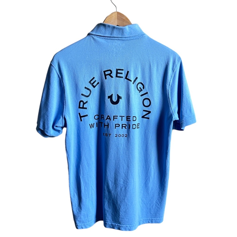 True Religion Men’s Short Sleeve Polo Shirt Light Blue Medium Preppy